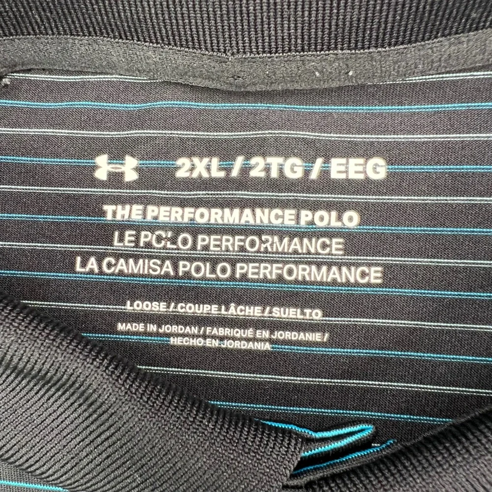 Under Armour Performance Polo Shirt Mens 2XL Black‎ Teal Striped Loose Fit Golf